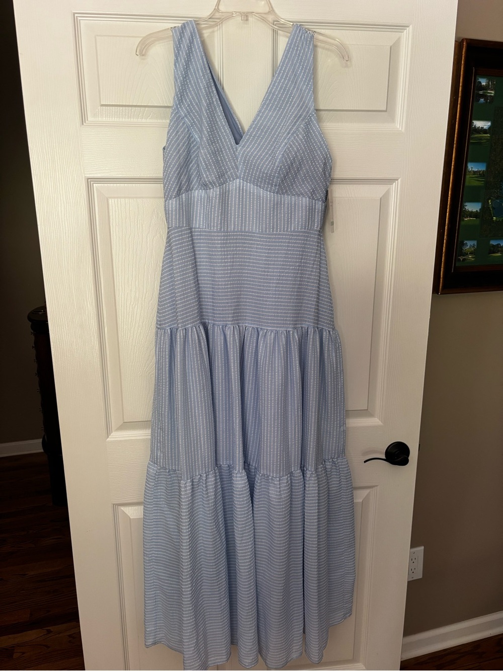 Taylor Light Blue Striped V-Neck Tiered Maxi Dress